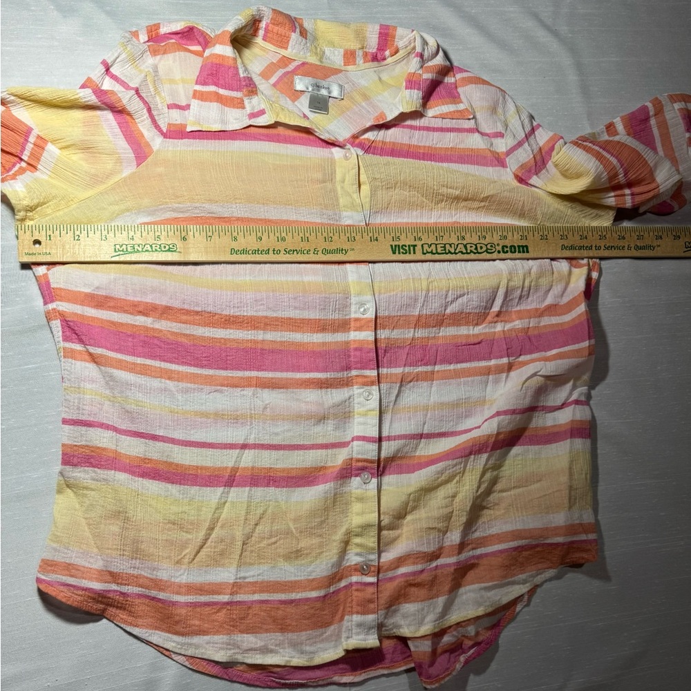 CJ Banks Striped Button Down Blouse 1X | Pink Orange Yellow Lightweight Top - Picture 3 of 7